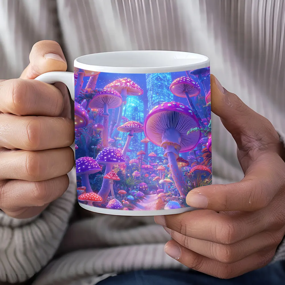 Neon Mushroom Forest Glowing Futuristic City – Mugs