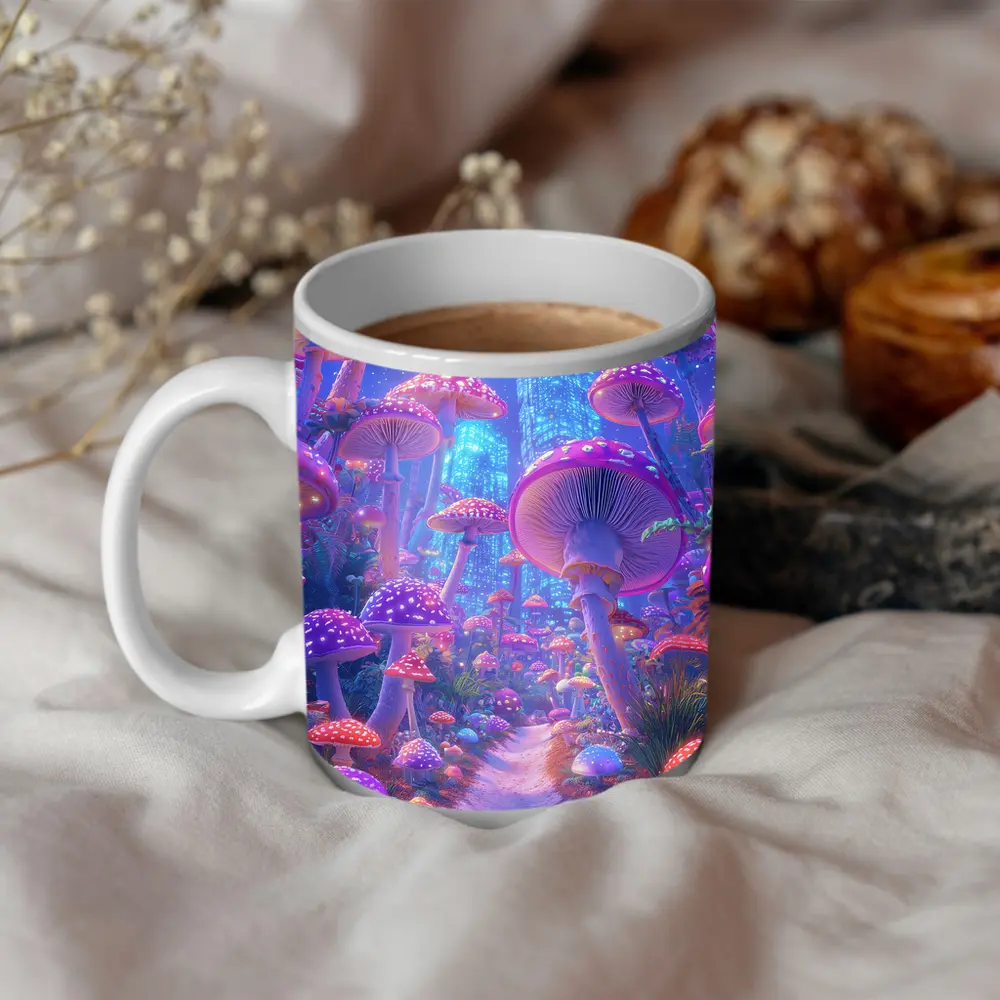 Neon Mushroom Forest Glowing Futuristic City – Mugs