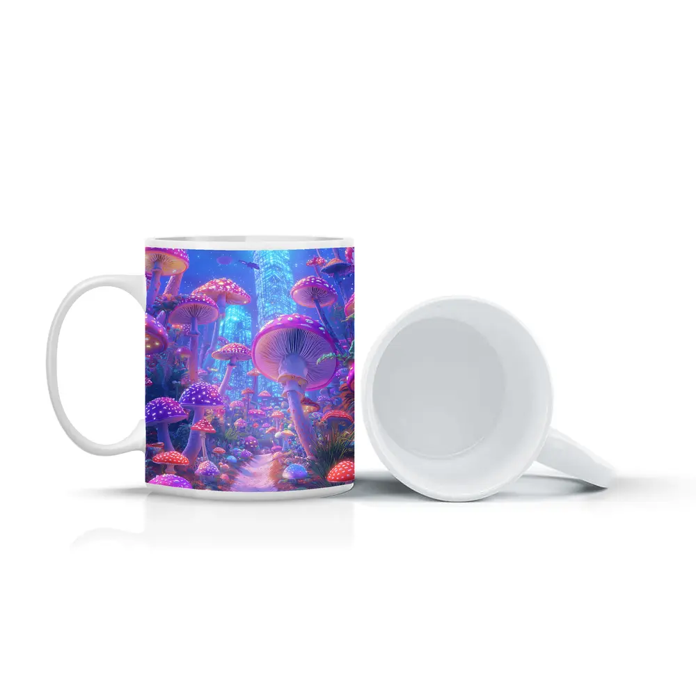 Neon Mushroom Forest Glowing Futuristic City – Mugs