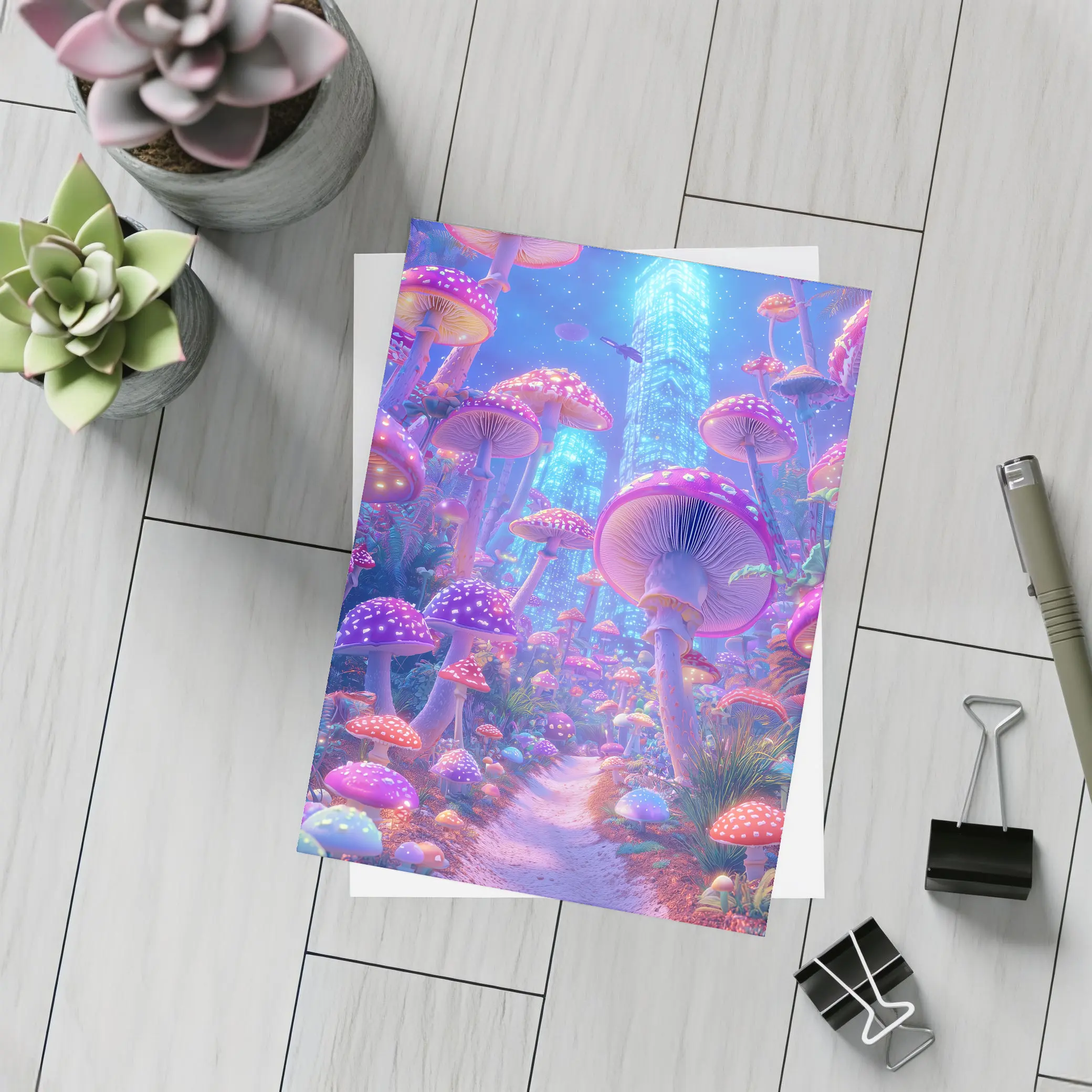 Neon Mushroom Forest Glowing Futuristic City – Postcards