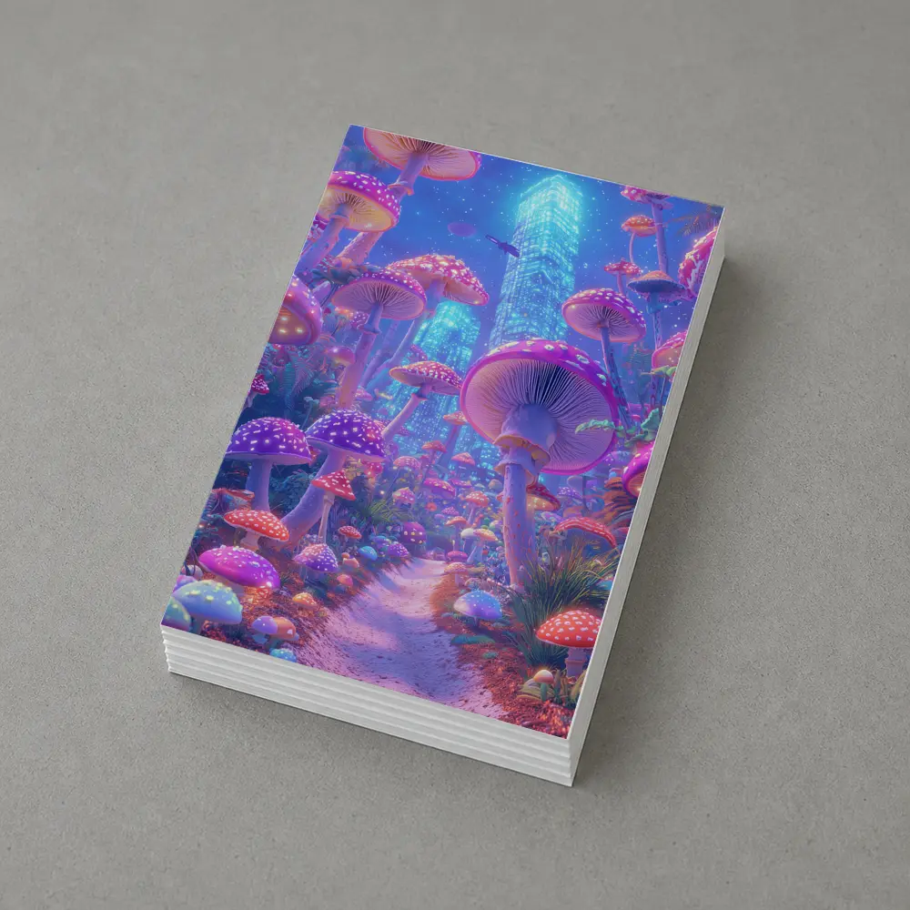 Neon Mushroom Forest Glowing Futuristic City – Postcards