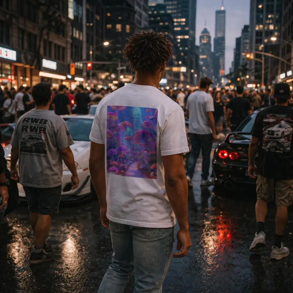 Neon Mushroom Forest Glowing Futuristic City – T-Shirts