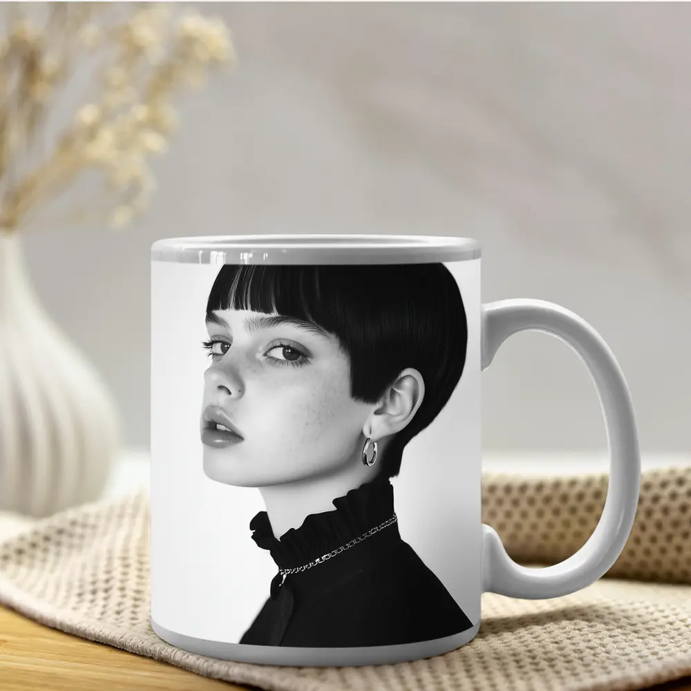 Black and White Portrait Woman Short Hair – Mugs