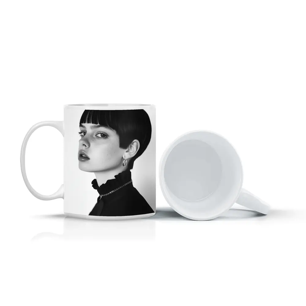 Black and White Portrait Woman Short Hair – Mugs