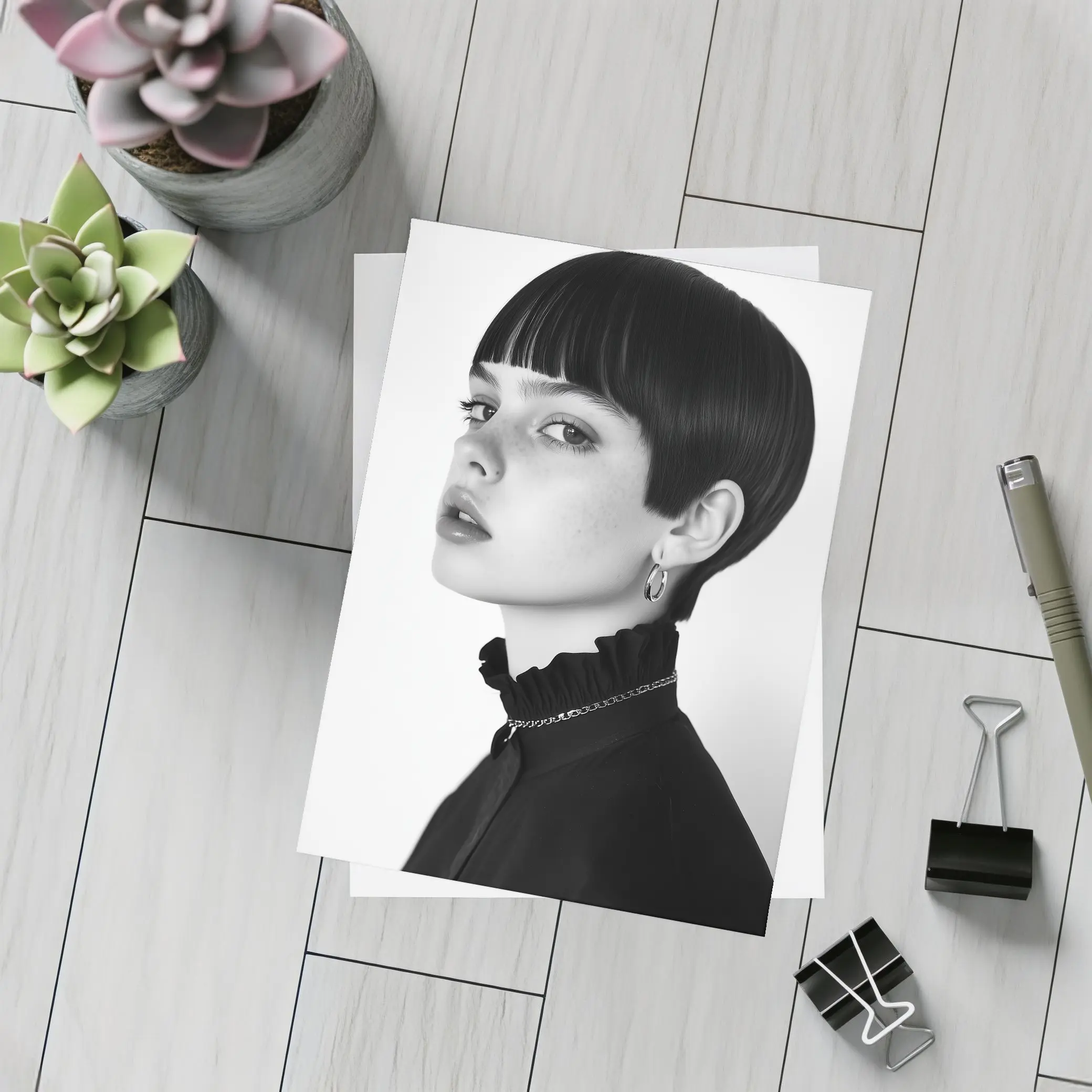 Black and White Portrait Woman Short Hair – Postcards