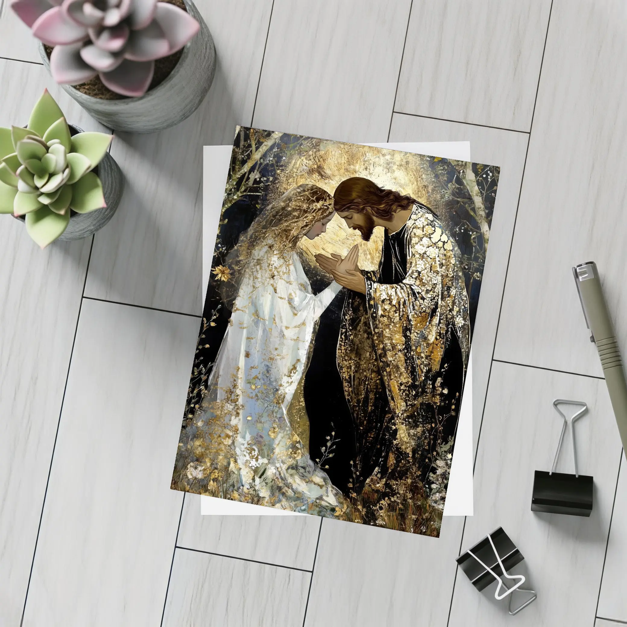 Jesus and Mary Praying Gold Floral Art – Postcards