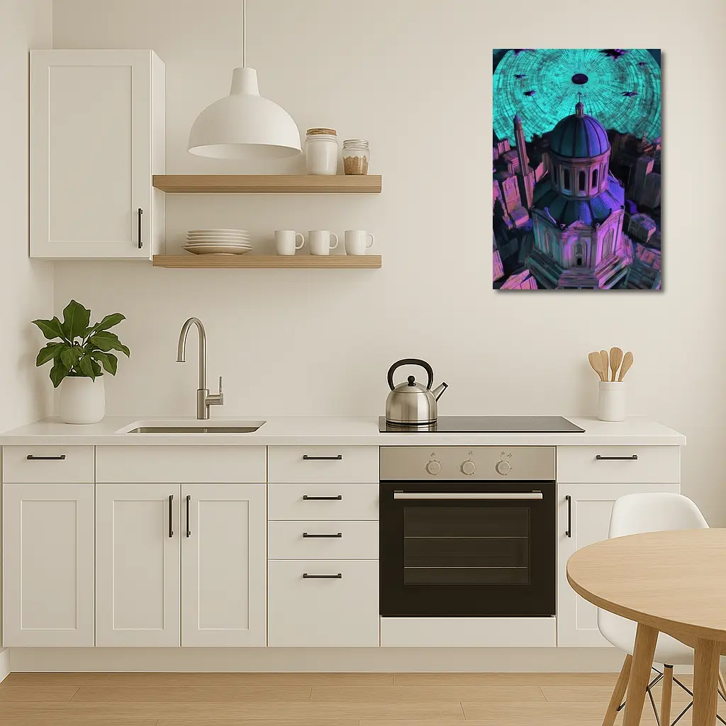 Futuristic Cathedral City Purple Neon Night – Wall Art