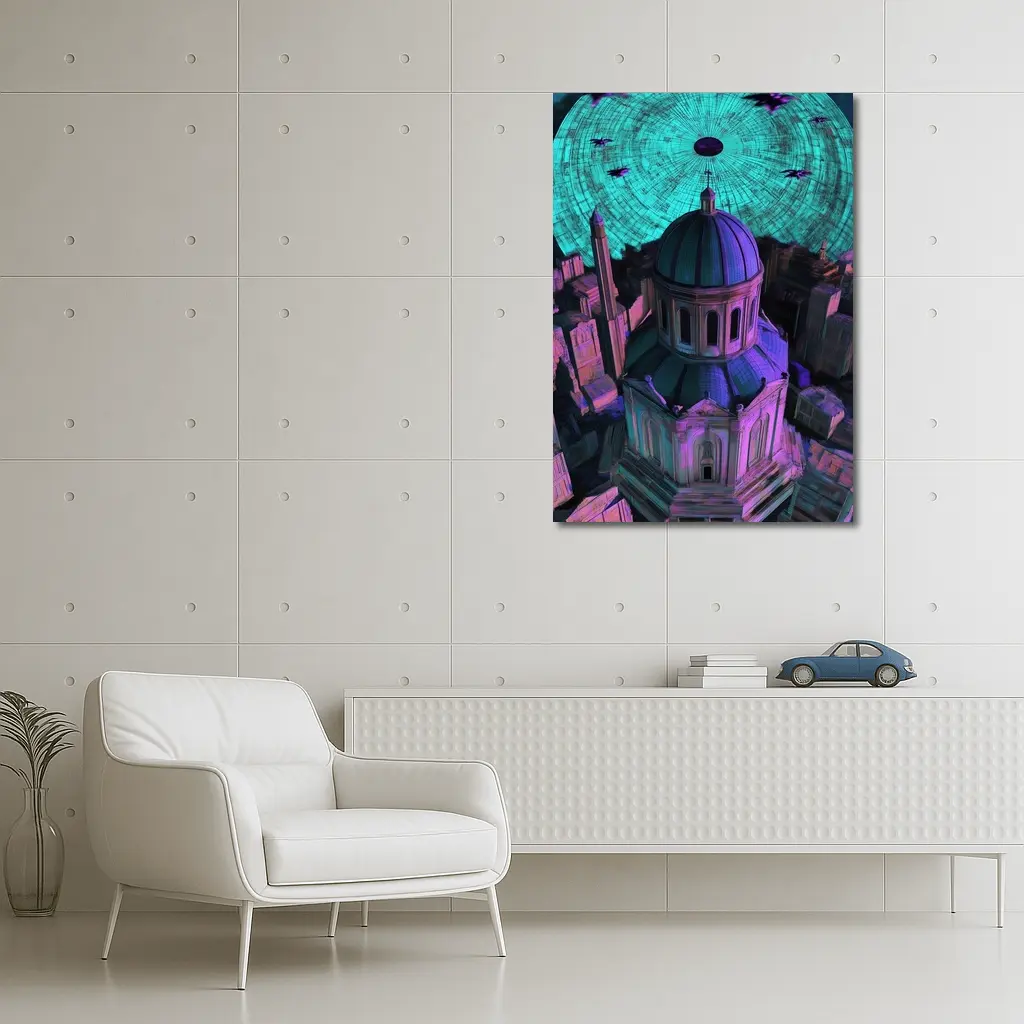Futuristic Cathedral City Purple Neon Night – Wall Art