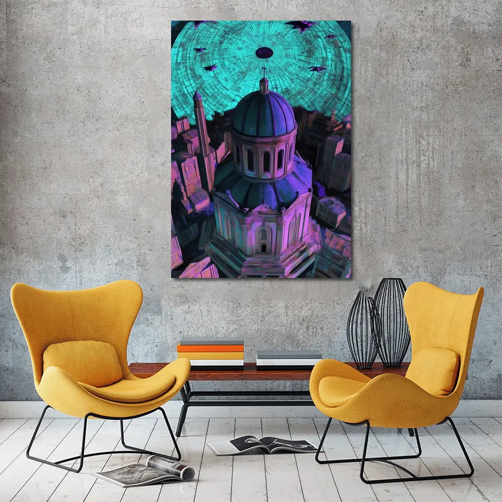 Futuristic Cathedral City Purple Neon Night – Wall Art