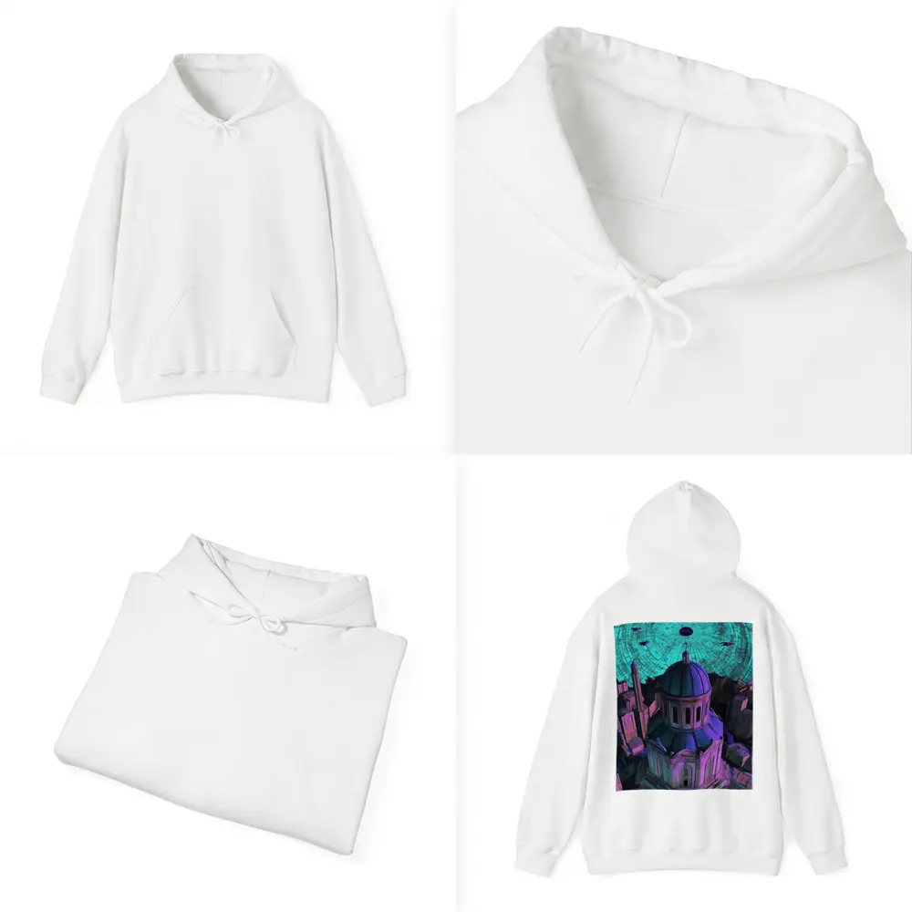 Futuristic Cathedral City Purple Neon Night – Hoodies