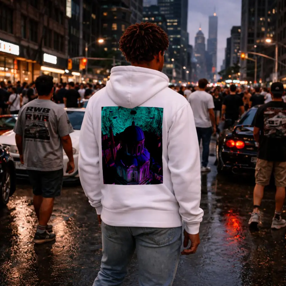 Futuristic Cathedral City Purple Neon Night – Hoodies