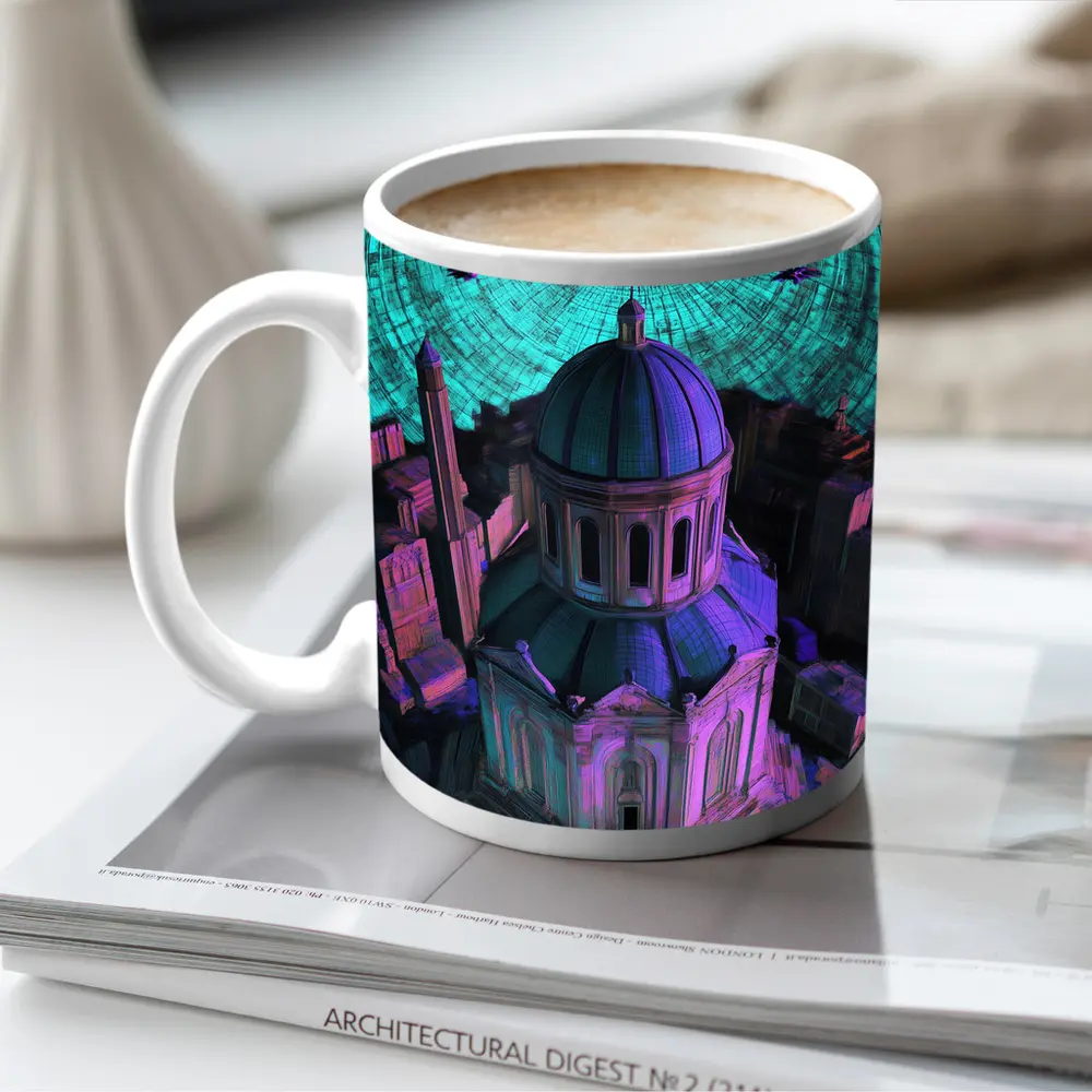 Futuristic Cathedral City Purple Neon Night – Mugs