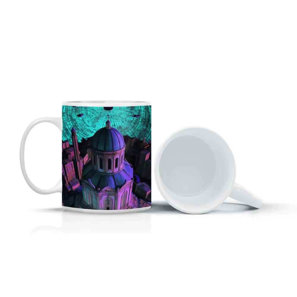 Futuristic Cathedral City Purple Neon Night – Mugs