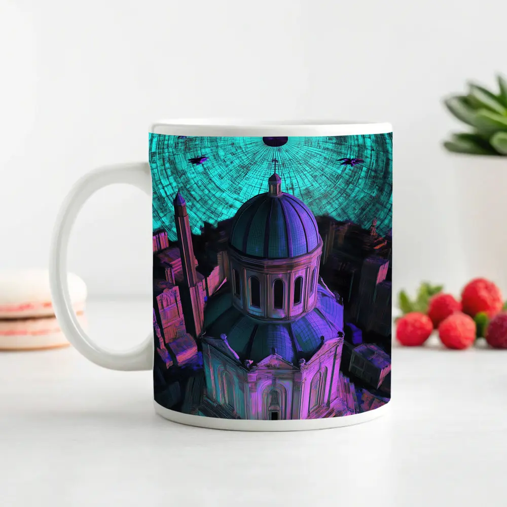 Futuristic Cathedral City Purple Neon Night – Mugs