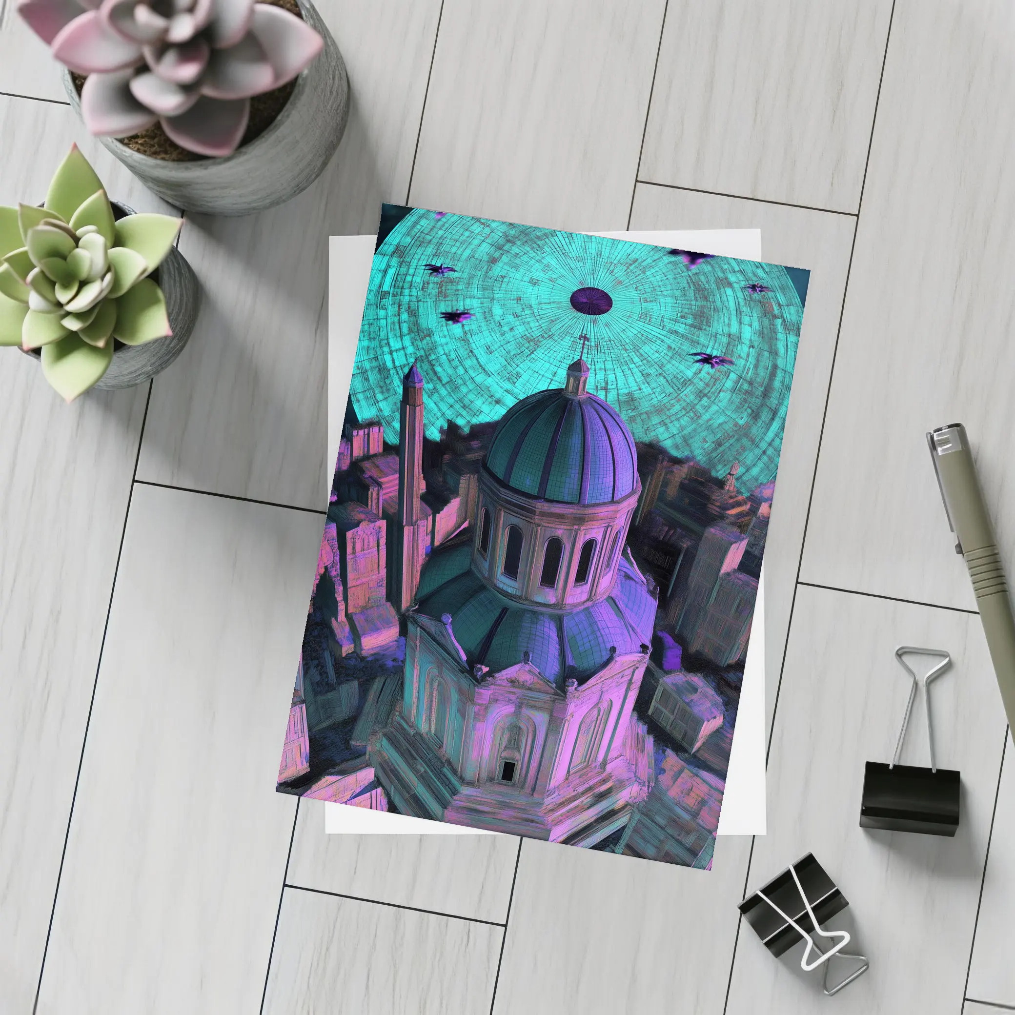Futuristic Cathedral City Purple Neon Night – Postcards