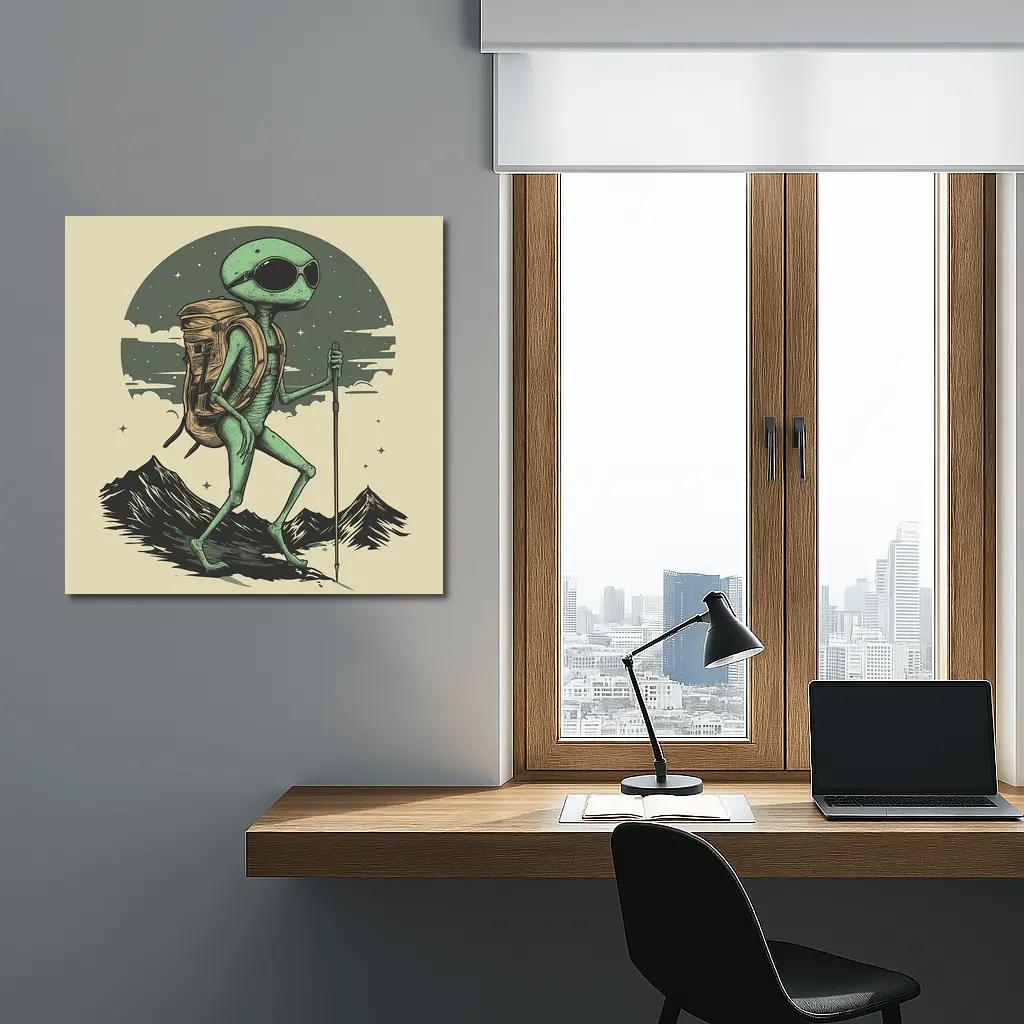 Alien Hiker Backpacking Through Mountain Landscape – Wall Art