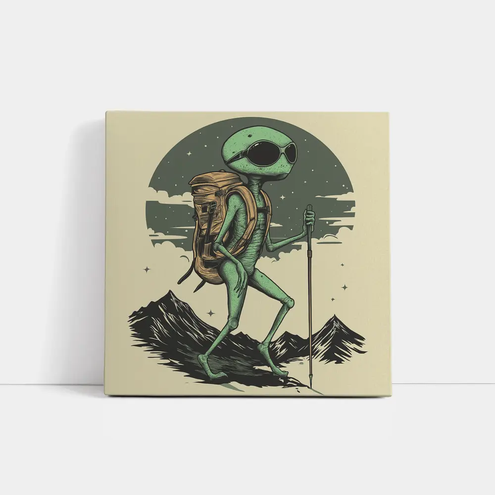 Alien Hiker Backpacking Through Mountain Landscape – Wall Art