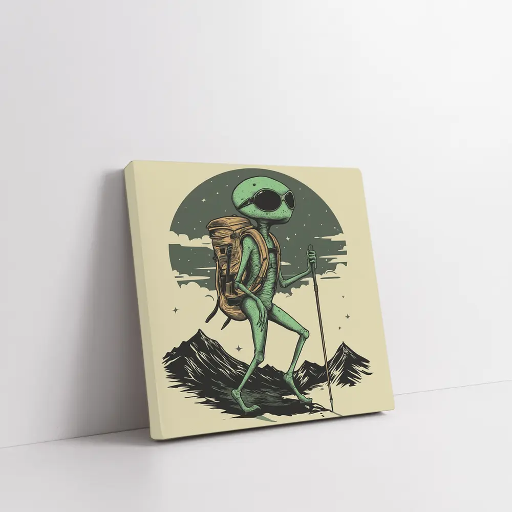 Alien Hiker Backpacking Through Mountain Landscape – Wall Art
