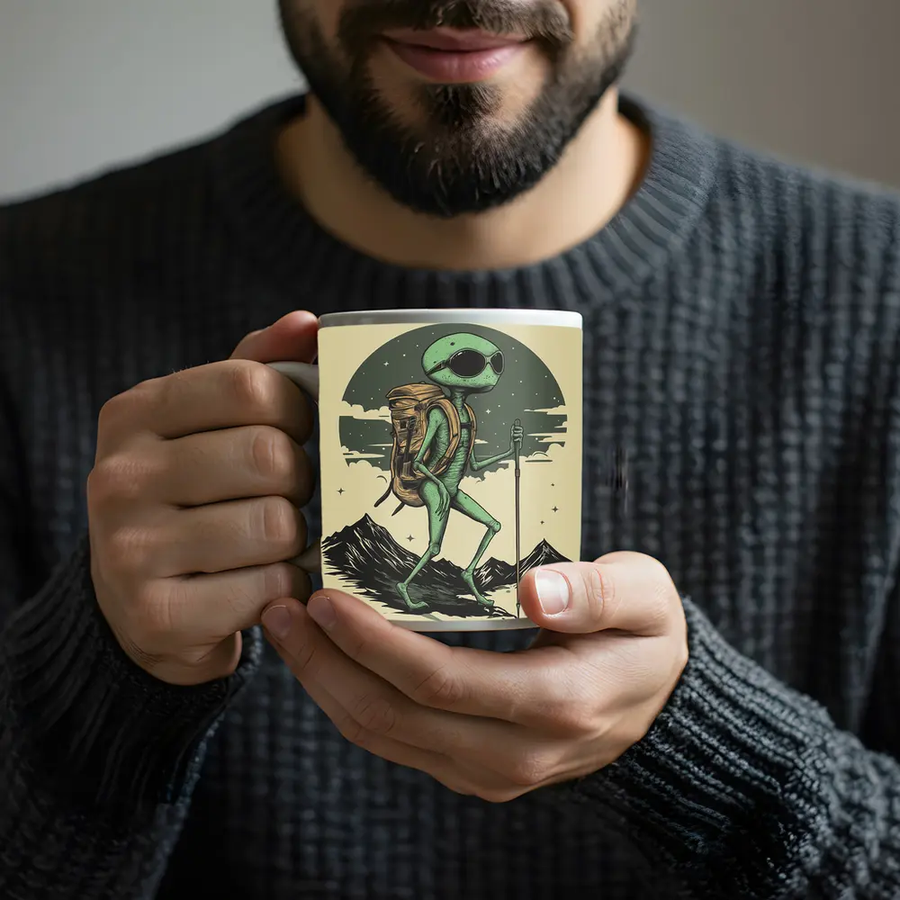 Alien Hiker Backpacking Through Mountain Landscape – Mugs