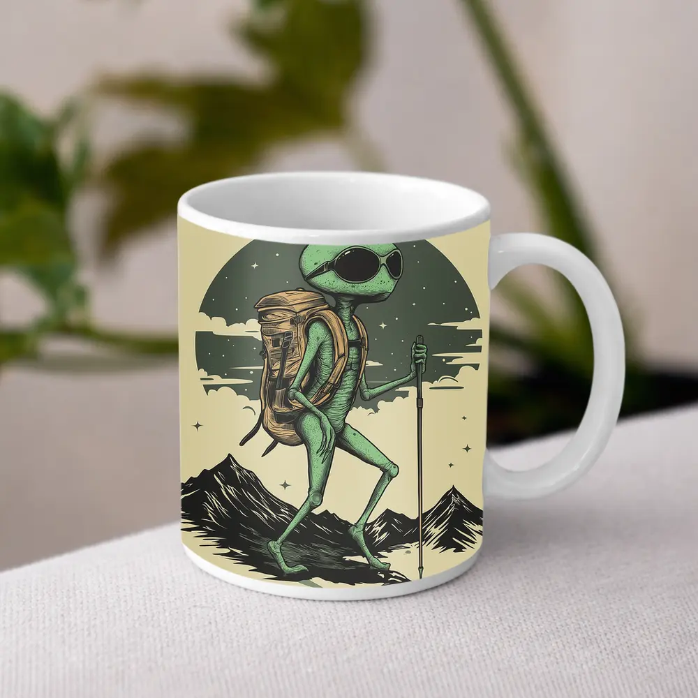 Alien Hiker Backpacking Through Mountain Landscape – Mugs