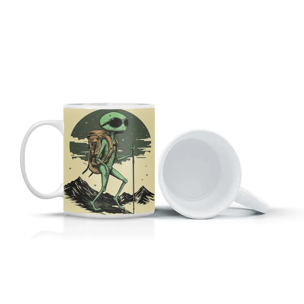 Alien Hiker Backpacking Through Mountain Landscape – Mugs