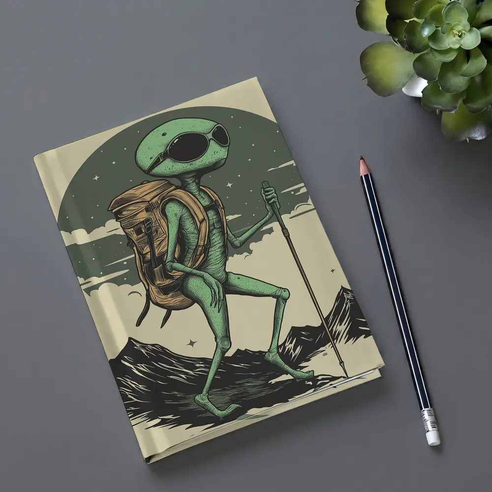 Alien Hiker Backpacking Through Mountain Landscape – Notebooks