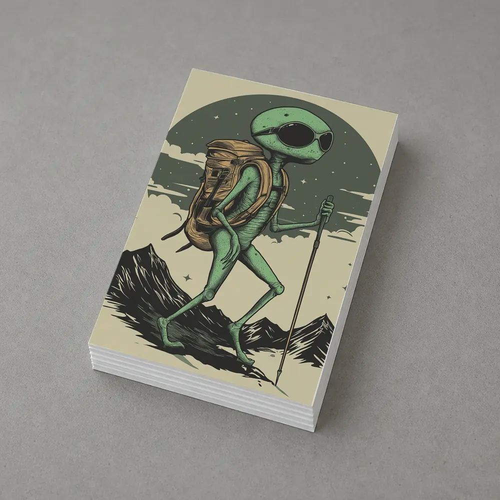Alien Hiker Backpacking Through Mountain Landscape – Postcards