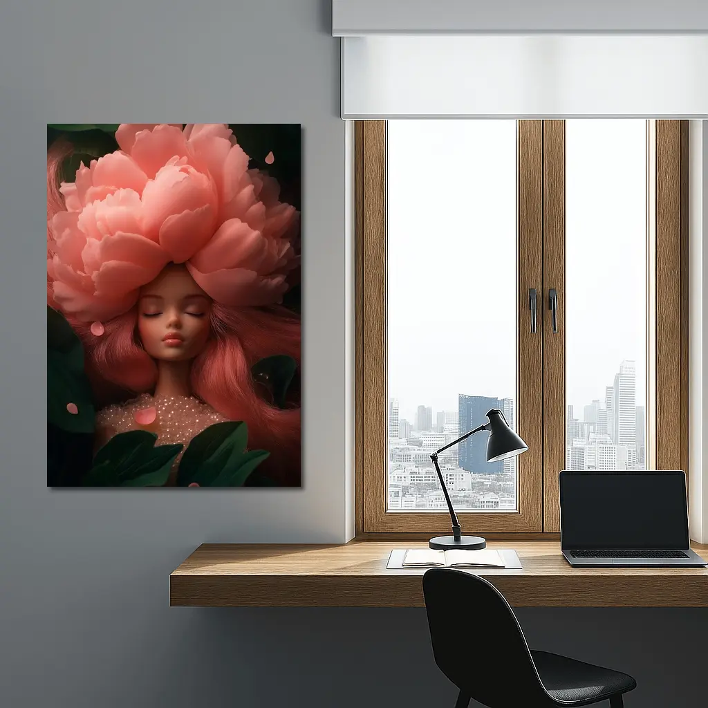 Peony Flower Girl Fantasy Pink Dark Background – Wall Art