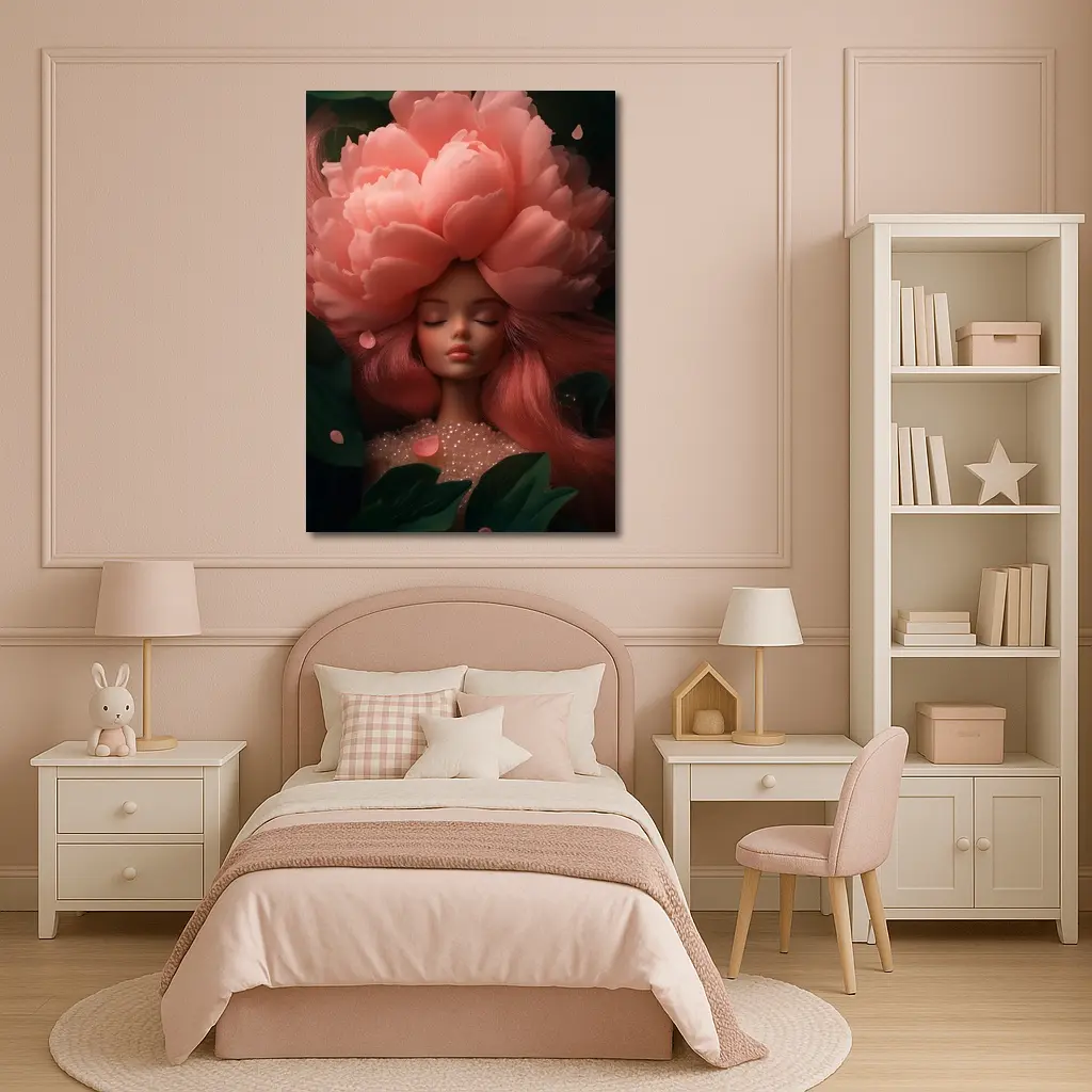 Peony Flower Girl Fantasy Pink Dark Background – Wall Art