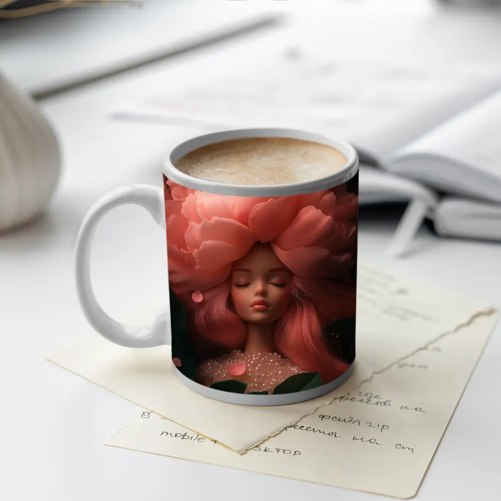 Peony Flower Girl Fantasy Pink Dark Background – Mugs