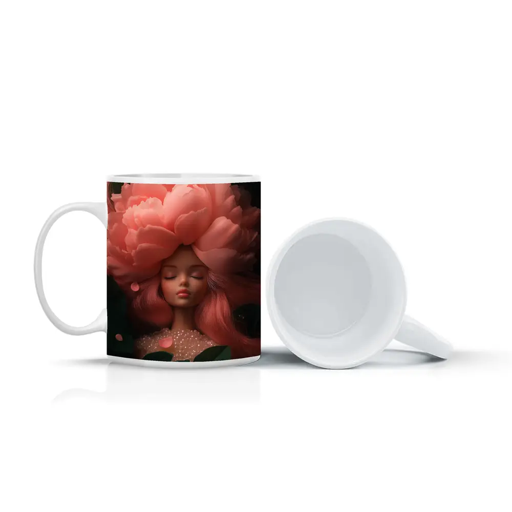Peony Flower Girl Fantasy Pink Dark Background – Mugs
