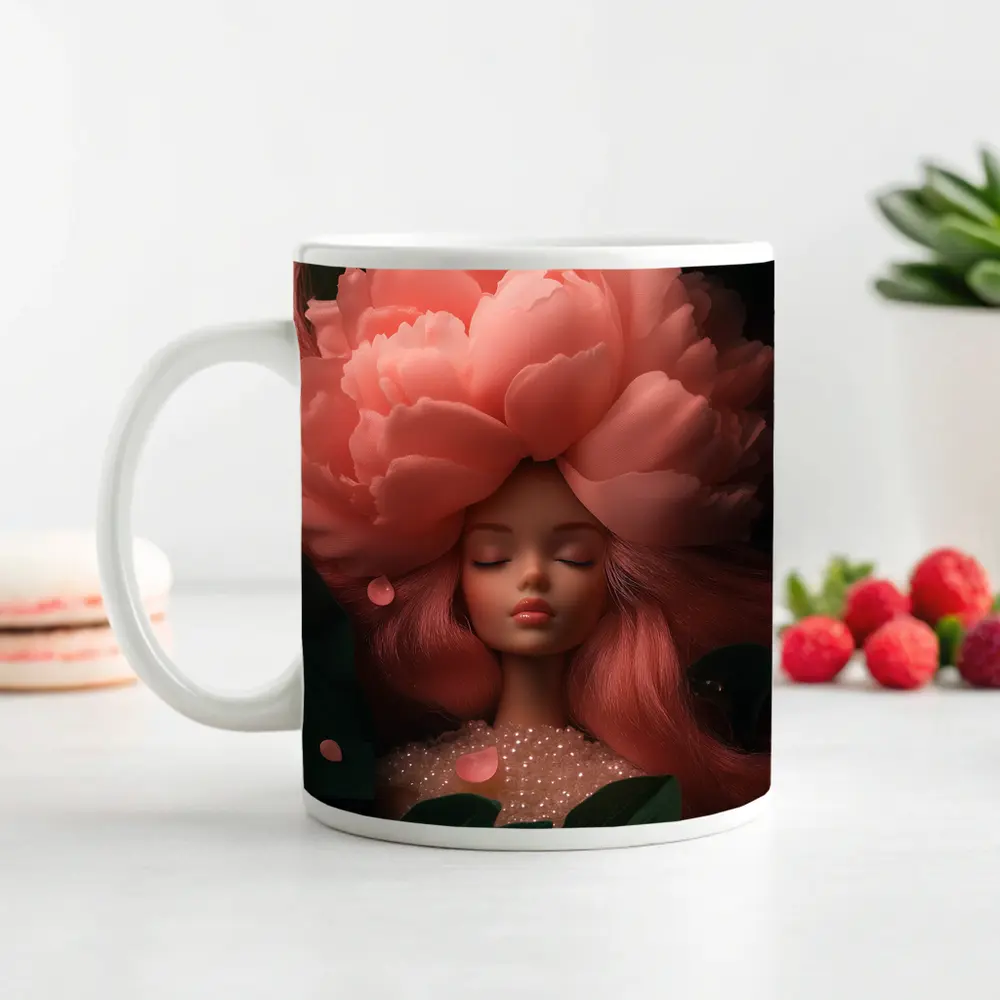 Peony Flower Girl Fantasy Pink Dark Background – Mugs