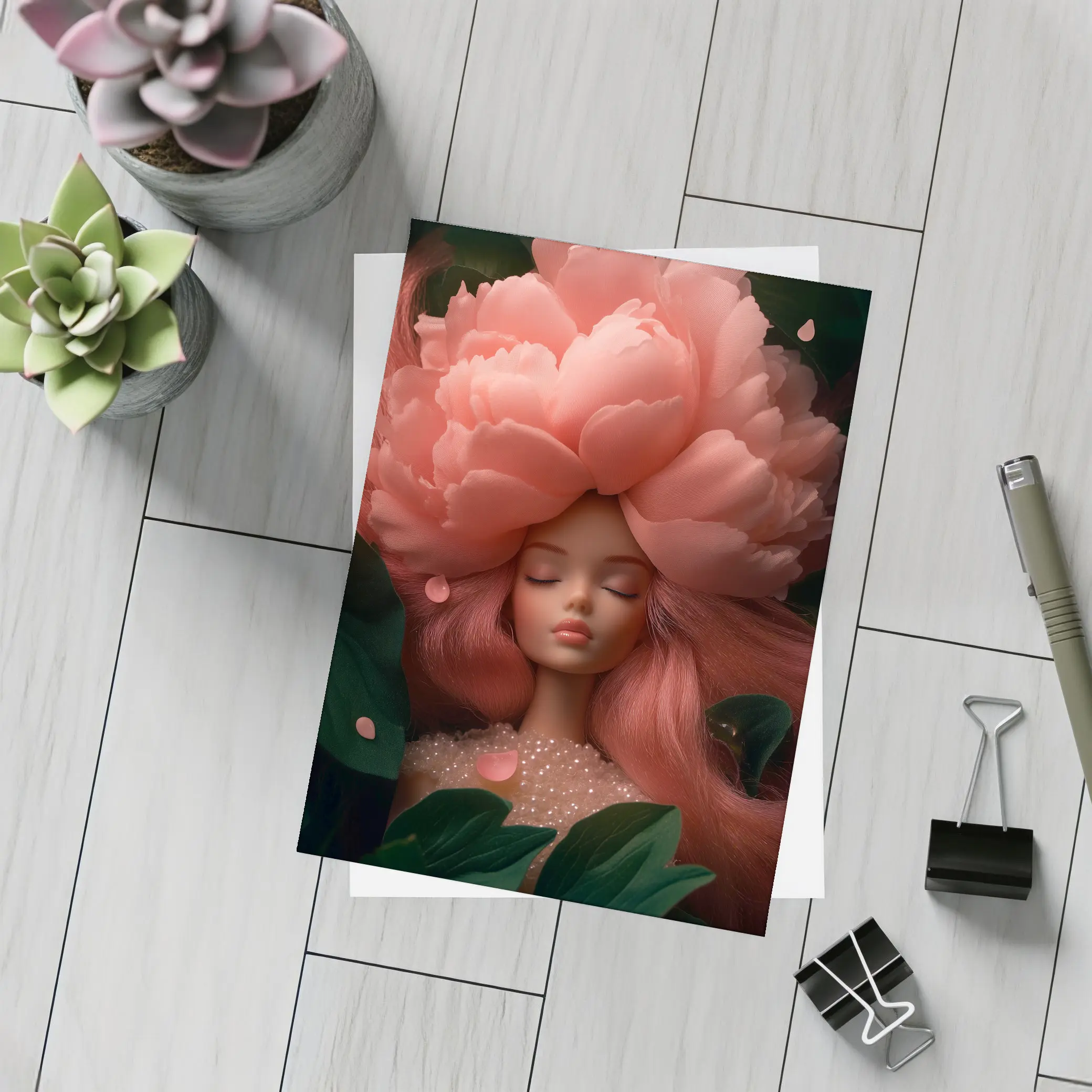 Peony Flower Girl Fantasy Pink Dark Background – Postcards