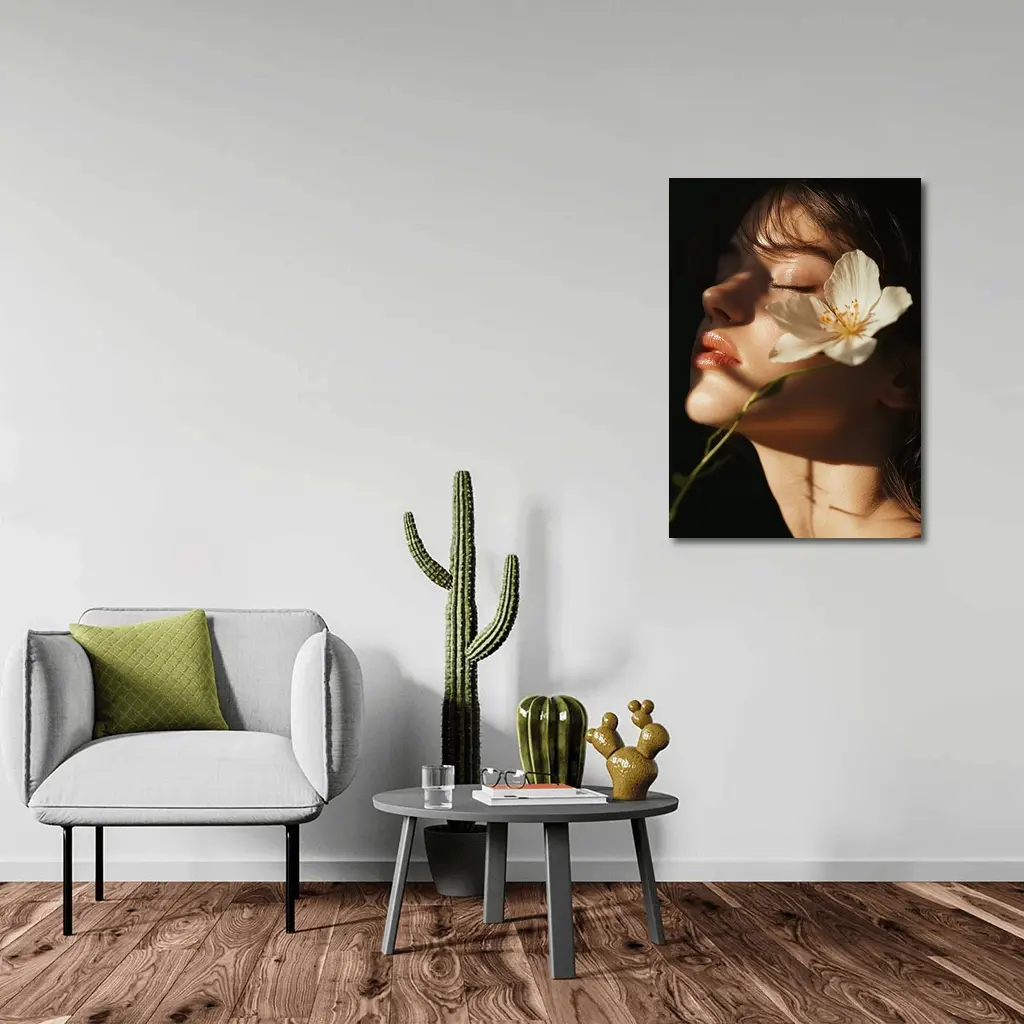 Woman White Flower Dark Background Portrait – Wall Art