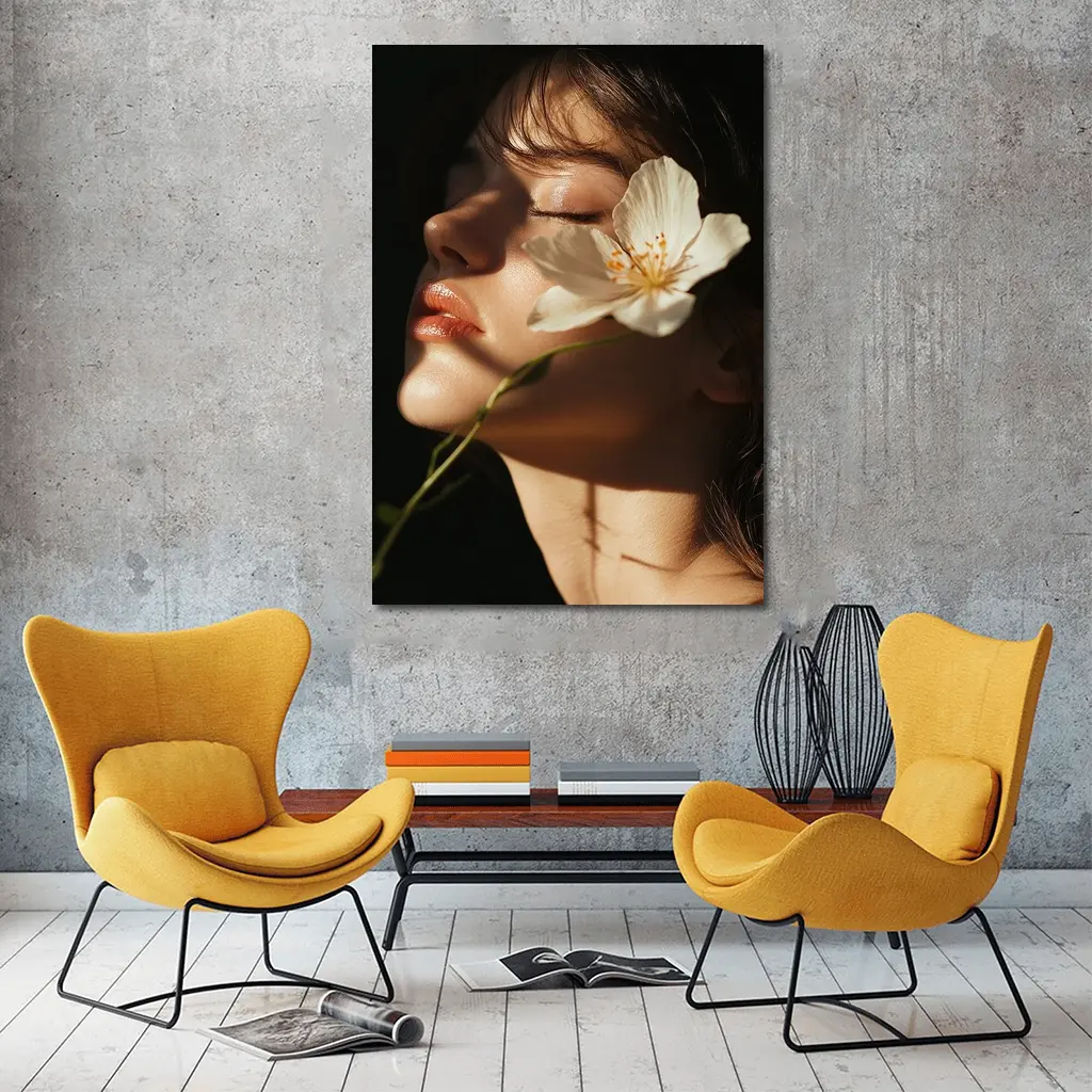 Woman White Flower Dark Background Portrait – Wall Art