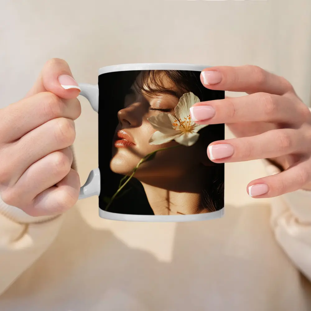 Woman White Flower Dark Background Portrait – Mugs