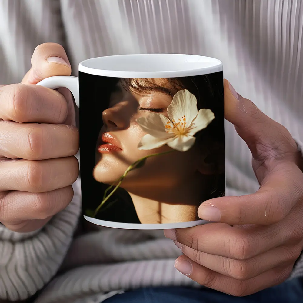 Woman White Flower Dark Background Portrait – Mugs