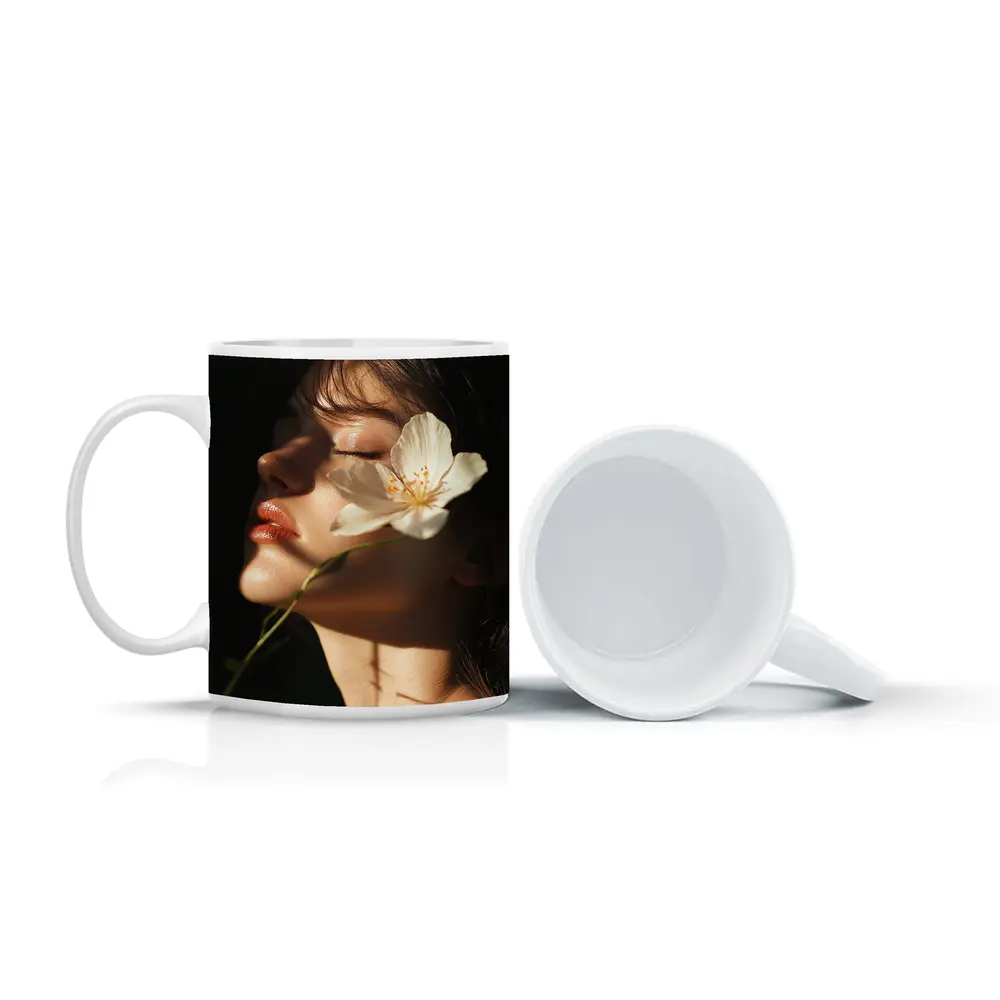 Woman White Flower Dark Background Portrait – Mugs