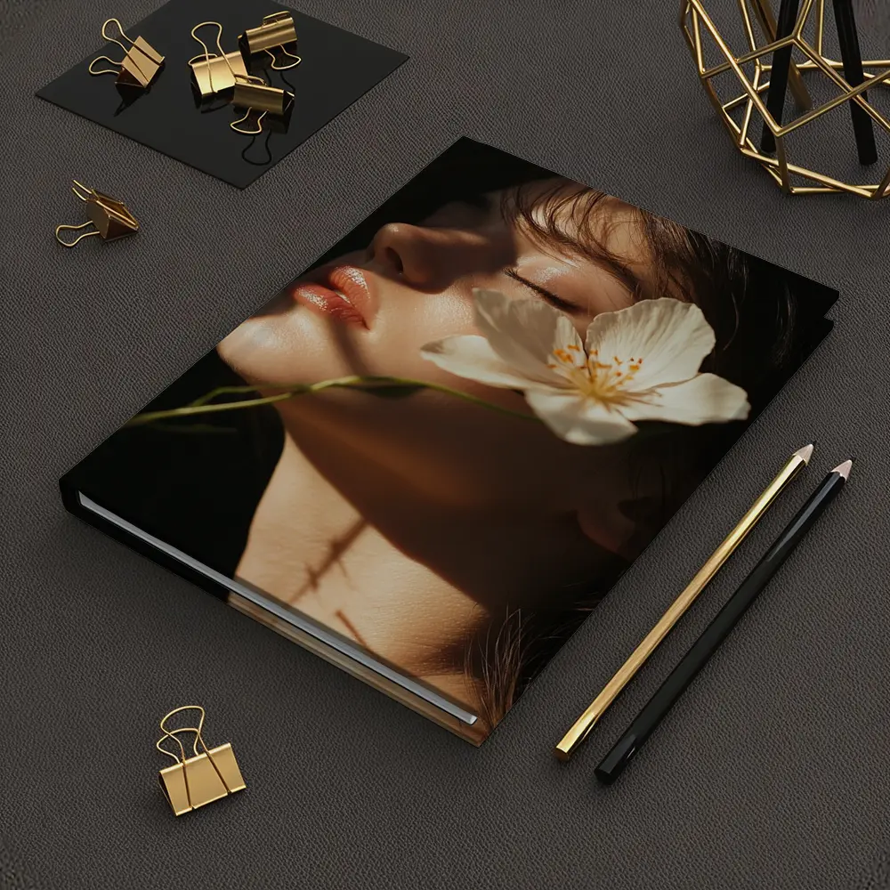 Woman White Flower Dark Background Portrait – Notebooks