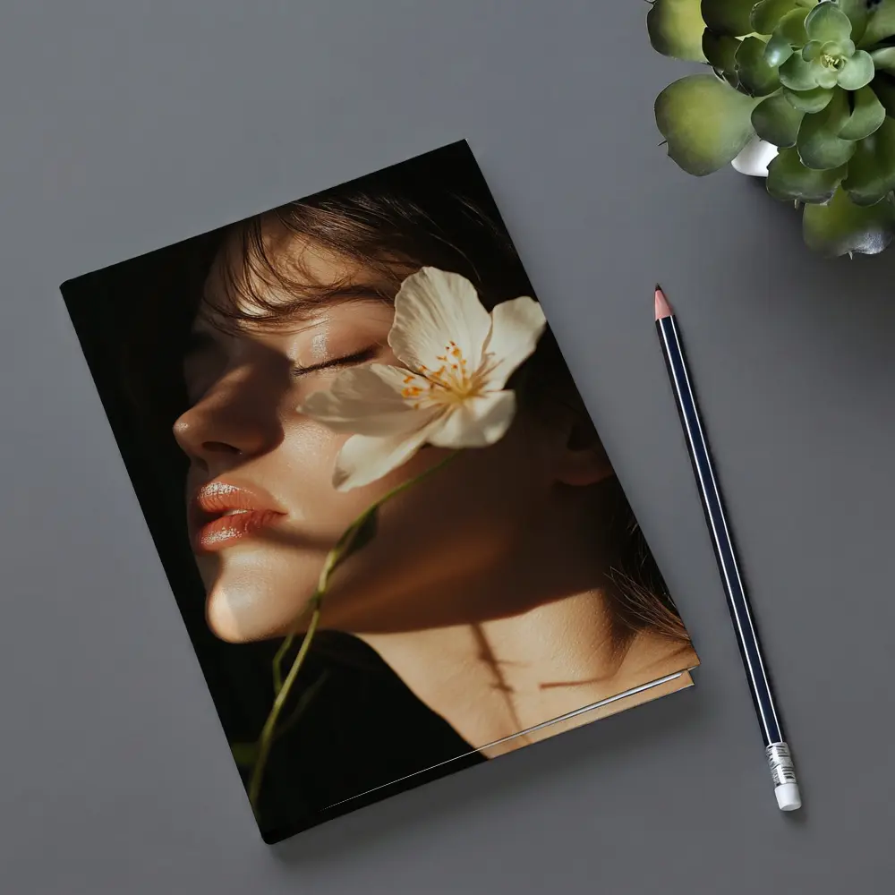 Woman White Flower Dark Background Portrait – Notebooks
