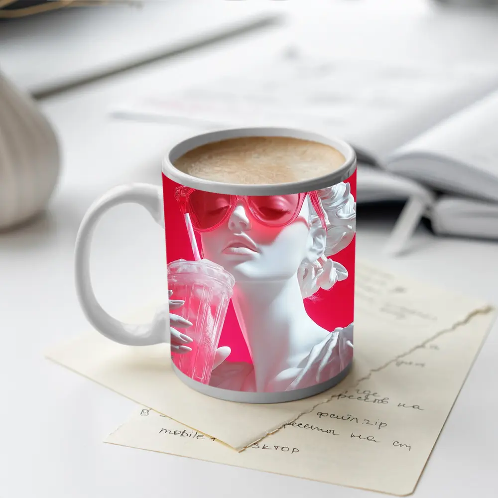 Greek Statue Pink Sunglasses Bold Background – Mugs