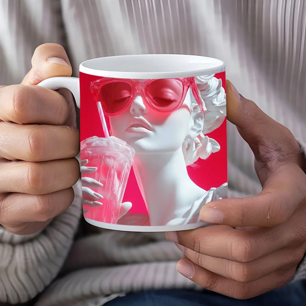 Greek Statue Pink Sunglasses Bold Background – Mugs