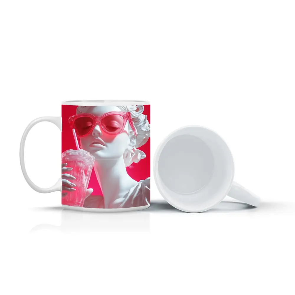 Greek Statue Pink Sunglasses Bold Background – Mugs