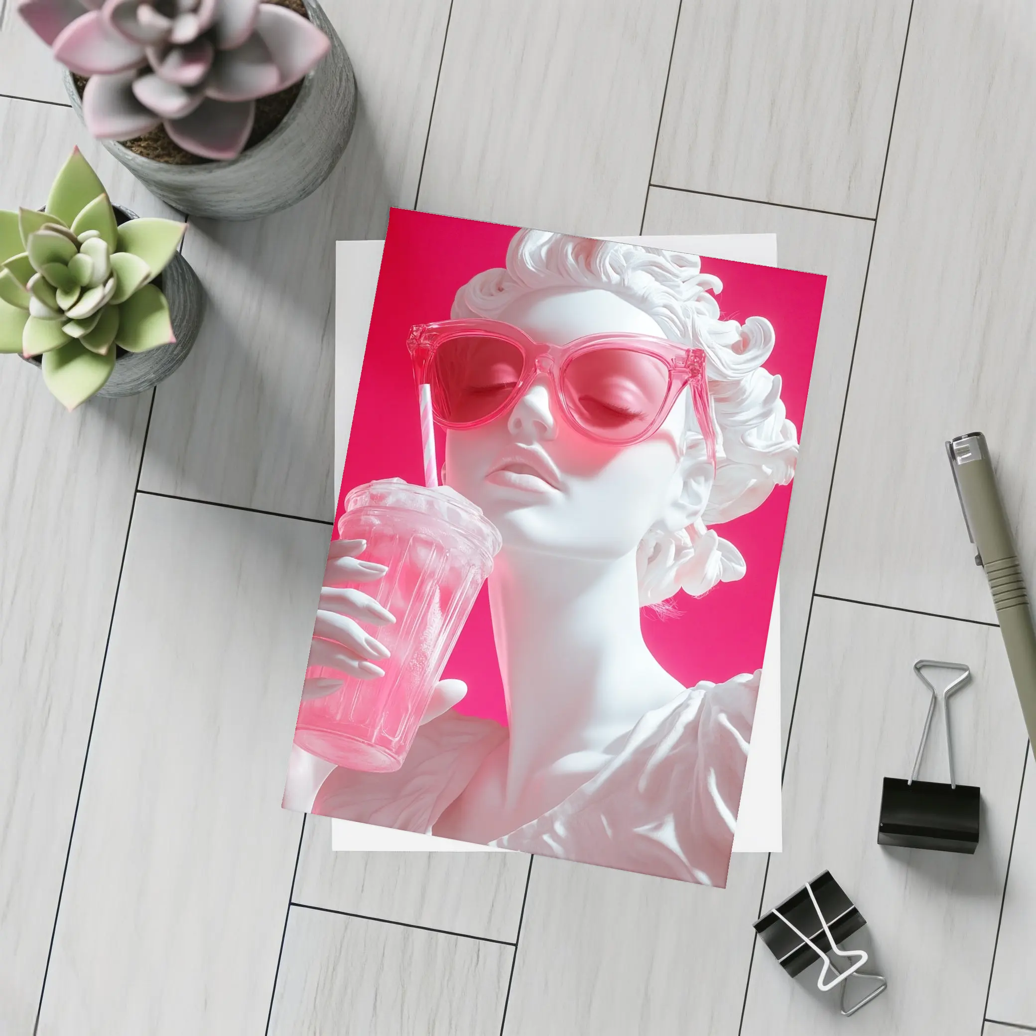 Greek Statue Pink Sunglasses Bold Background – Postcards