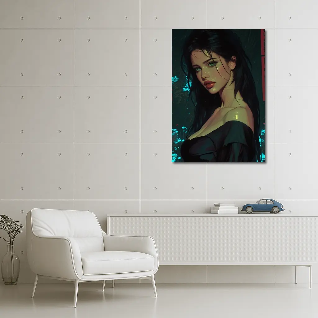 Dark Haired Woman Green Eyes Neon Night – Wall Art