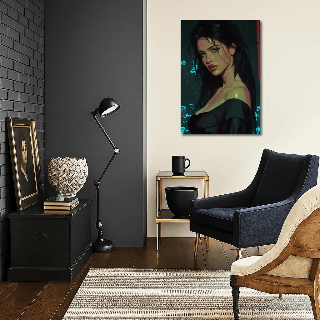 Dark Haired Woman Green Eyes Neon Night – Wall Art