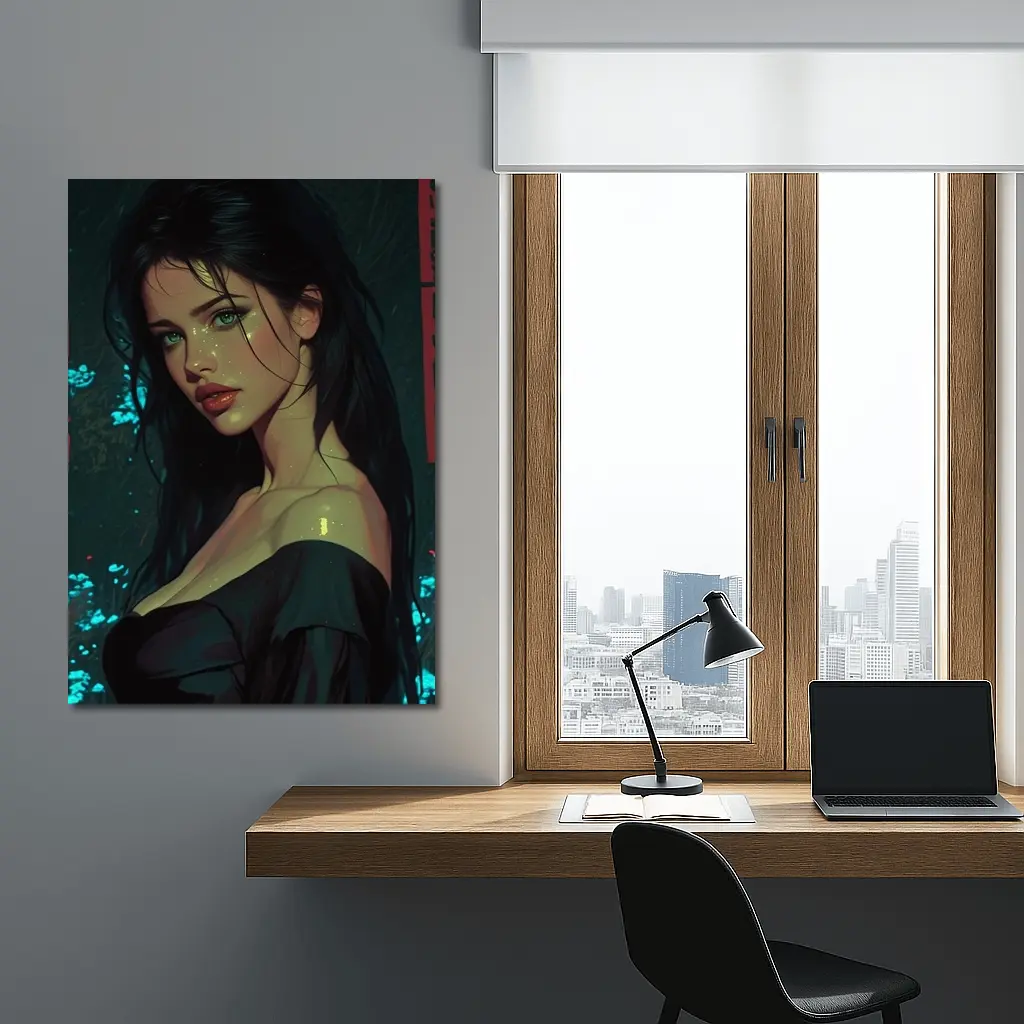Dark Haired Woman Green Eyes Neon Night – Wall Art