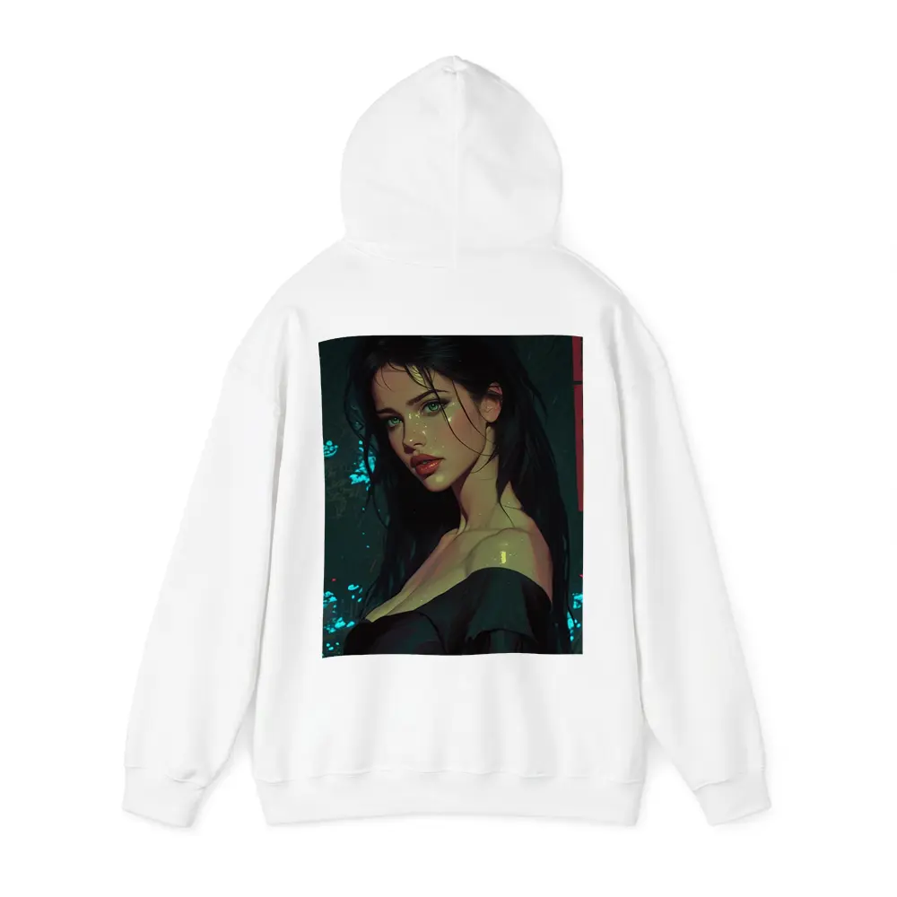 Dark Haired Woman Green Eyes Neon Night – Hoodies