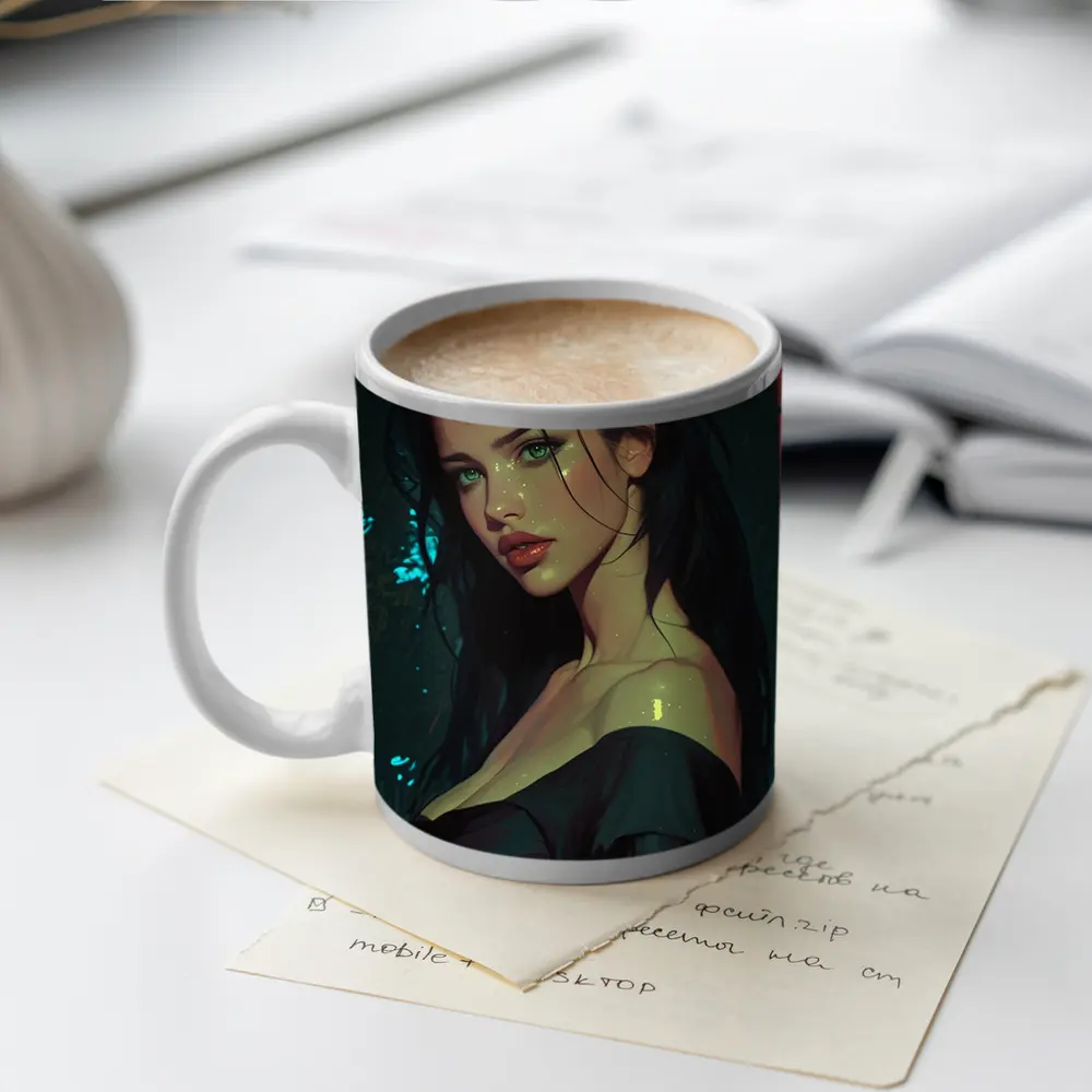 Dark Haired Woman Green Eyes Neon Night – Mugs