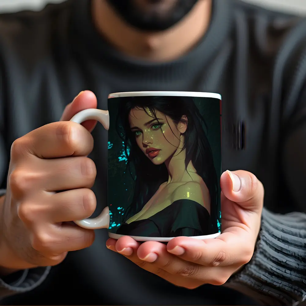 Dark Haired Woman Green Eyes Neon Night – Mugs